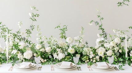 A picturesque wedding banquet table decorated with lush greenery and elegant tableware, set against a white background for a classic and timeless appeal.