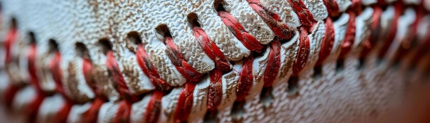 Close up of a baseball seam, with its intricate stitching and texture, highlighting the craftsmanship and detail of the ball, Macro photography, Textural details - obrazy, fototapety, plakaty