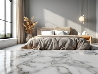 Sophisticated Marble Table Backdrop for Elegant Product Montage in Serene Bedroom Setting