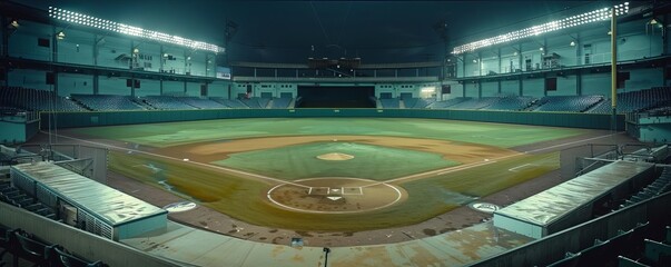 Empty baseball stadium during the off season, with a sense of quiet solitude and anticipation for the next season, Architectural photography, Minimalist composition - obrazy, fototapety, plakaty