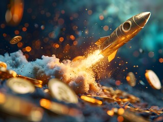 Explosive Financial Growth Illustrated by Rocket Propelled Gold Coins