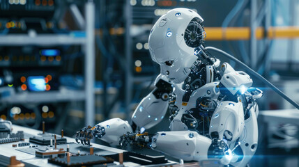 Fototapeta premium Robot, a meticulous electrical engineer Demonstrates expertise in assembling parts in a realistic electronics factory.