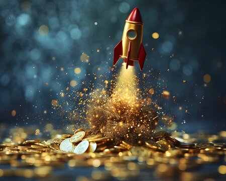 Rocket Fueling with Golden Coins Ascending in Bullish Market Symbolic of Explosive Asset Appreciation and Prosperity - Powered by Adobe