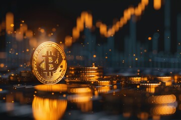 Golden Bitcoin Coins on Digital Cryptocurrency Market Chart