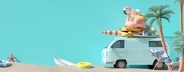Summer vacation, travel holiday, van and beach accessories on blue  background. 3d rendering	