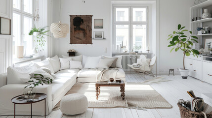 Scandinavian-Inspired Home Decor. Trend Concept. Bright and airy living room embodies Scandinavian design principles with its focus on functionality, simplicity, and natural elements.