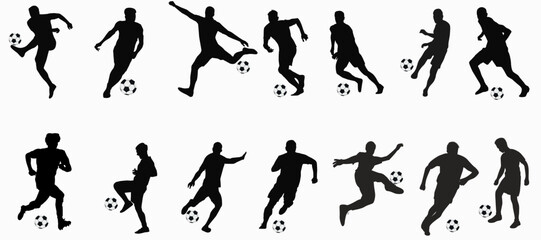 Football player silhouette.  Collection of soccer player in motion action. 