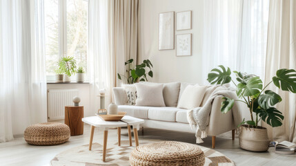 Fototapeta premium Scandinavian-Inspired Home Decor. Trend Concept. Bright and airy living room embodies Scandinavian design principles with its focus on functionality, simplicity, and natural elements.