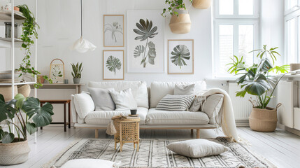 Naklejka premium Scandinavian-Inspired Home Decor. Trend Concept. Bright and airy living room embodies Scandinavian design principles with its focus on functionality, simplicity, and natural elements.