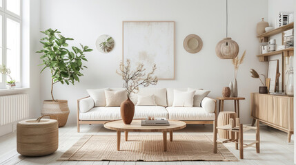 Obraz premium Scandinavian-Inspired Home Decor. Trend Concept. Bright and airy living room embodies Scandinavian design principles with its focus on functionality, simplicity, and natural elements.