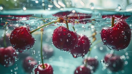 Cherries immersed in water Fresh cherries submerged Close up view of juicy berries Nutrients packed...