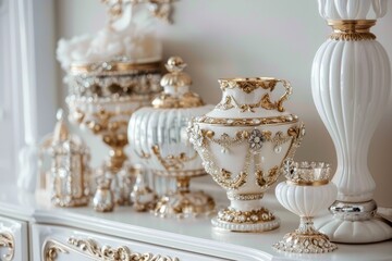 Elegant white and gold porcelain vases and bowls with intricate designs displayed on a classical shelf.