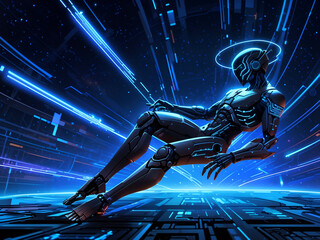 In the depths of space, a charismatic hacker floats amidst a constellation of digital code, their cybernetic limbs glowing with electric blue energy.  - obrazy, fototapety, plakaty
