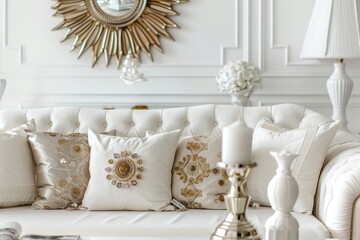 Elegant living room with a white tufted sofa, ornate pillows, and decorative items under a sunburst mirror. - obrazy, fototapety, plakaty