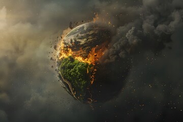Earth planet with dark smoke and fire emanating from it, environmental destruction, ecology, global warming, climate change and world Enviornment day concept - obrazy, fototapety, plakaty