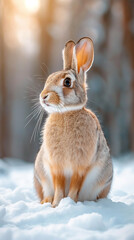 white hare on the snow in the forest in winter, vertical photo
