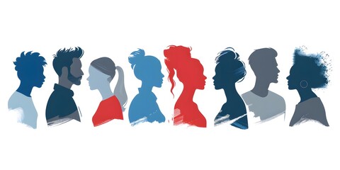 Illustration of different people's silhouettes, showing diversity, unity, ethnicity, equality and freedom concept - obrazy, fototapety, plakaty