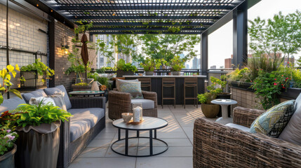 Tranquil Rooftop Terrace with Comfortable Seating, Pergola Shade, and City Garden Escape. Inviting Patio Space for Relaxation and Gatherings with Wicker Furniture, Bar Counter, and Green Accents.