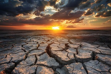 Dried cracked earth under a dark sky, climate change, environmental degradation and its impact on food security, Environment Day concept - obrazy, fototapety, plakaty