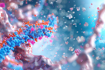 A dynamic microcosm of colorful, intricate bacteria in a vivid, blurred aquatic environment, depicted in a 3D render. - obrazy, fototapety, plakaty