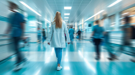 Interior of doctor and patient people in hospital corridor for background, Health care and medical technology concept. Motion blur effect
