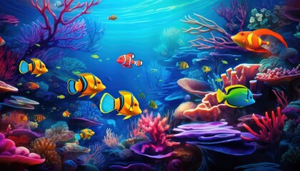 Tropical fish in the underwater, coral reef, amazing underwater life, various fish and exotic coral reefs, ocean wild creatures background