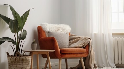 interior design,Minimalistic Modern Interior with Orange Chair and White Fur Throw Pillow 3d rendering
