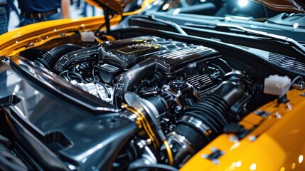 The interior of a luxury car engine contains the engine and its parts