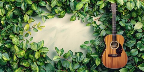 Acoustic Guitar Framed by Lush Green Foliage for Environmental Conservation Fundraiser Event