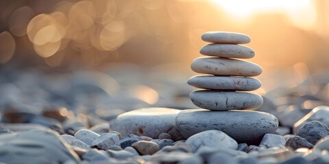 Stacked pebbles represent goal oriented mindfulness meditation and success concept with clarity of intentions