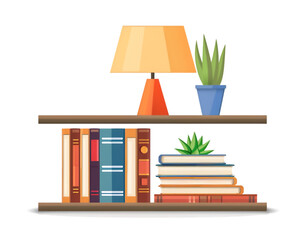 Wooden bookshelf with books, lamp and plant in pot on transparent background