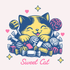 Cute Cat With Sweets Vector Art, Illustration and Graphic