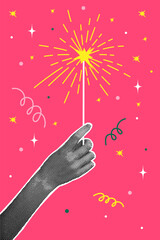 Half-tone collage. Concept of New Year celebration. Man's hand holding Christmas sparklers. Vector illustration for postcard, invitation,web banner, social media banner, marketing material.