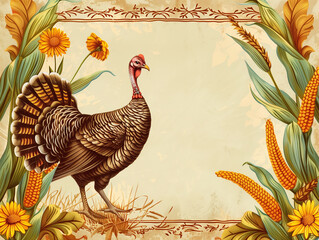 Vintage Thanksgiving card with turkey illustration and copy space; holiday decoration