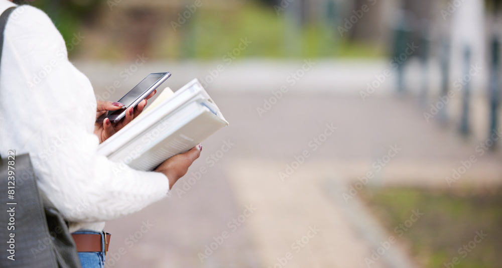 Poster student, smartphone and books typing outside, online and elearning college or university for interne