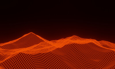 3D abstract grid neon topography. red mesh terrain.