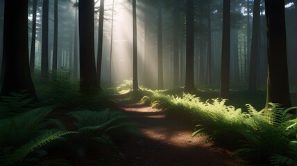 A tranquil forest scene with sunlight filtering through the trees 