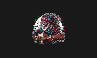 grandma playing guitar with dreadlocks vector artwork design