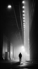 Silhouette of a mysterious person in an urban street at night, moody atmosphere, eerie solitude 