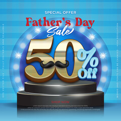 Happy Father's Day sale banner with cylindrical product display and fifty percent discount