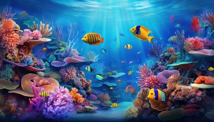 Tropical fish in the underwater, coral reef, amazing underwater life, various fish and exotic coral reefs, ocean wild creatures background
