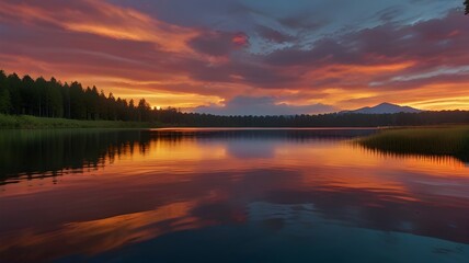 A mesmerizing sunset over a calm lake with vibrant colors reflecting on the water