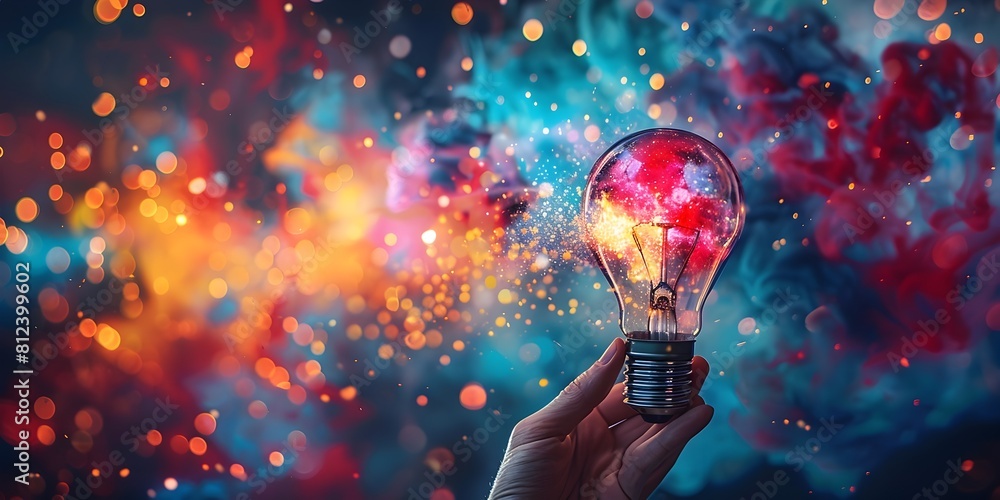 Poster glowing light bulb symbolizing creativity and imagination in a surreal vibrant backdrop of colors an