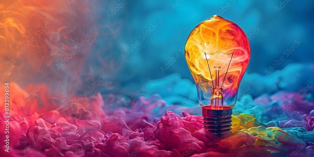 Aufkleber glowing light bulb symbolizing creativity and innovation in a dynamic colorful business workshop set