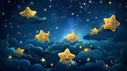 Whimsical Starry Night Sky with Smiling Celestial Characters in Style