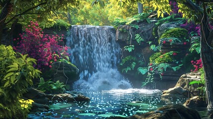 A tranquil waterfall cascading down rocks surrounded by vibrant foliage, an ideal nature background.