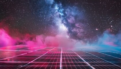 Synthwave vaporwave retrowave cyber background with copy space, laser grid, starry sky, blue and purple glows with smoke and particles. retro background
