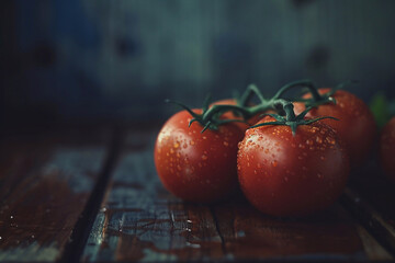 Fresh tomatoes on wooden surface with water droplets - Powered by Adobe