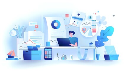 Fototapeta premium Tax Analyst at Work: Calculators, Spreadsheets, and Legal References
