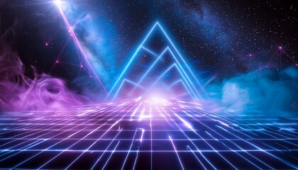 Synthwave vaporwave retrowave cyber background with copy space, laser grid, starry sky, blue and purple glows with smoke and particles.	